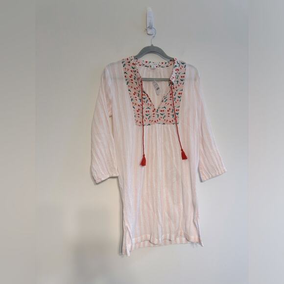 J by J. Crew Striped Gauze Split Neck Tassel Cherry Print Tunic Coverup Small - Picture 1 of 6